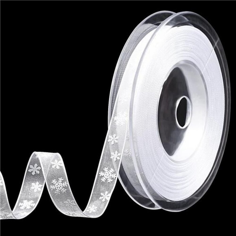 White Snowflake Christmas Ribbon 22 Yards Polyester for Gift Wrapping Crafts